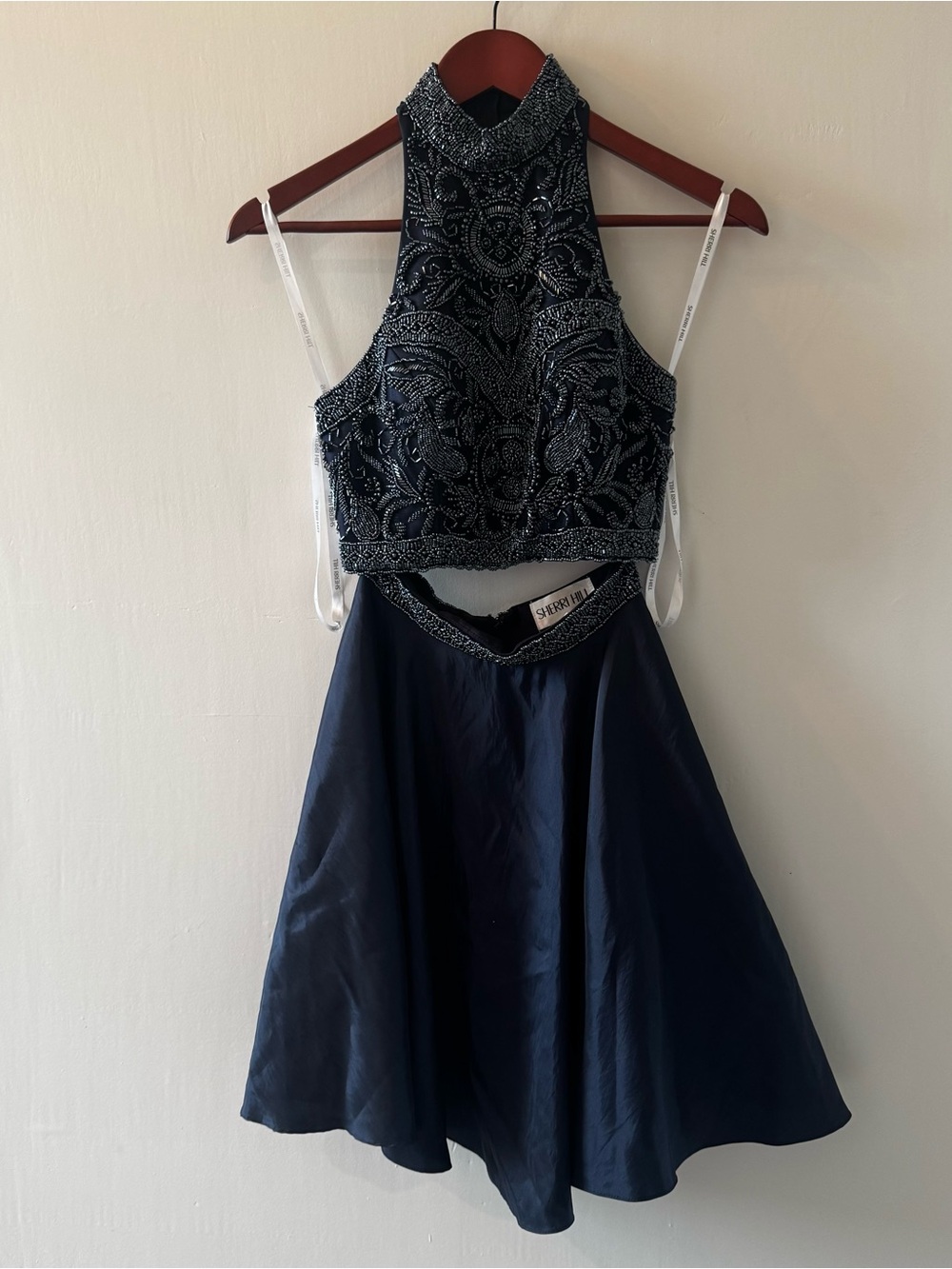Sherri Hill Two-Piece Navy Beaded Halter Dress | Size 0